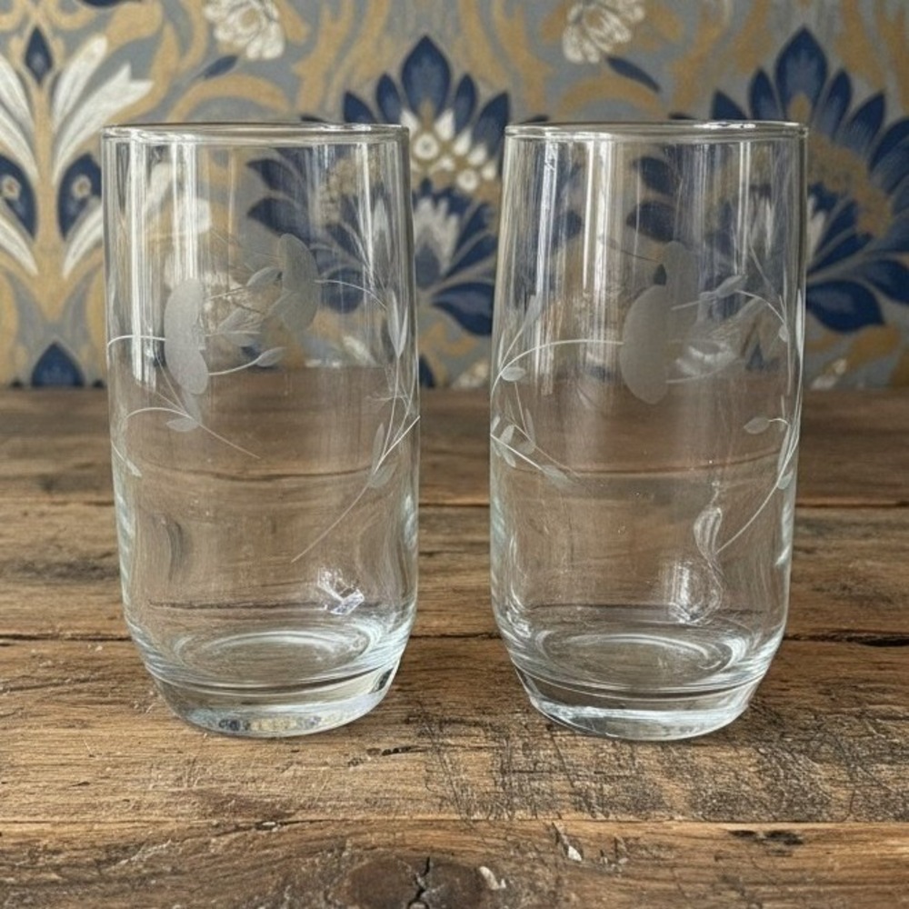 Princess House Heritage Crystal Tumblers, Set of 2 Etched Floral Vintage Glasses